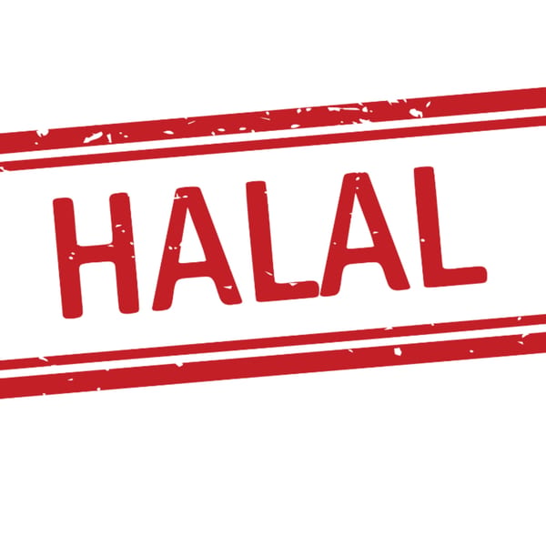 Red distressed stamp with the word "HALAL" in bold capital letters on a white background.