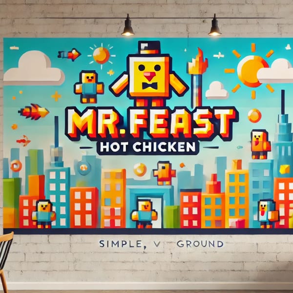 A pixel art mural for Mr. Feast Hot Chicken, featuring a cityscape and blocky characters.